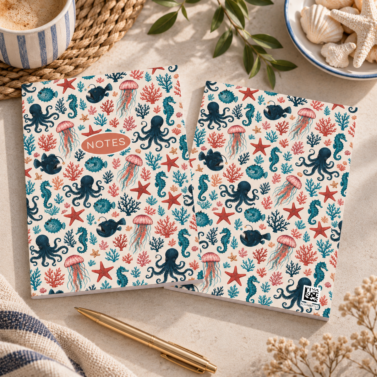 Ocean Life Notebook, Softcover A5 Journal with Octopus & Jellyfish Pattern