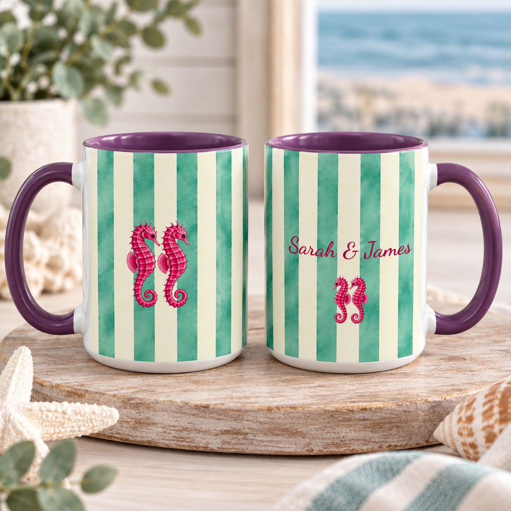 Personalized Striped Coffee Mug, Custom Name Seahorse Cup