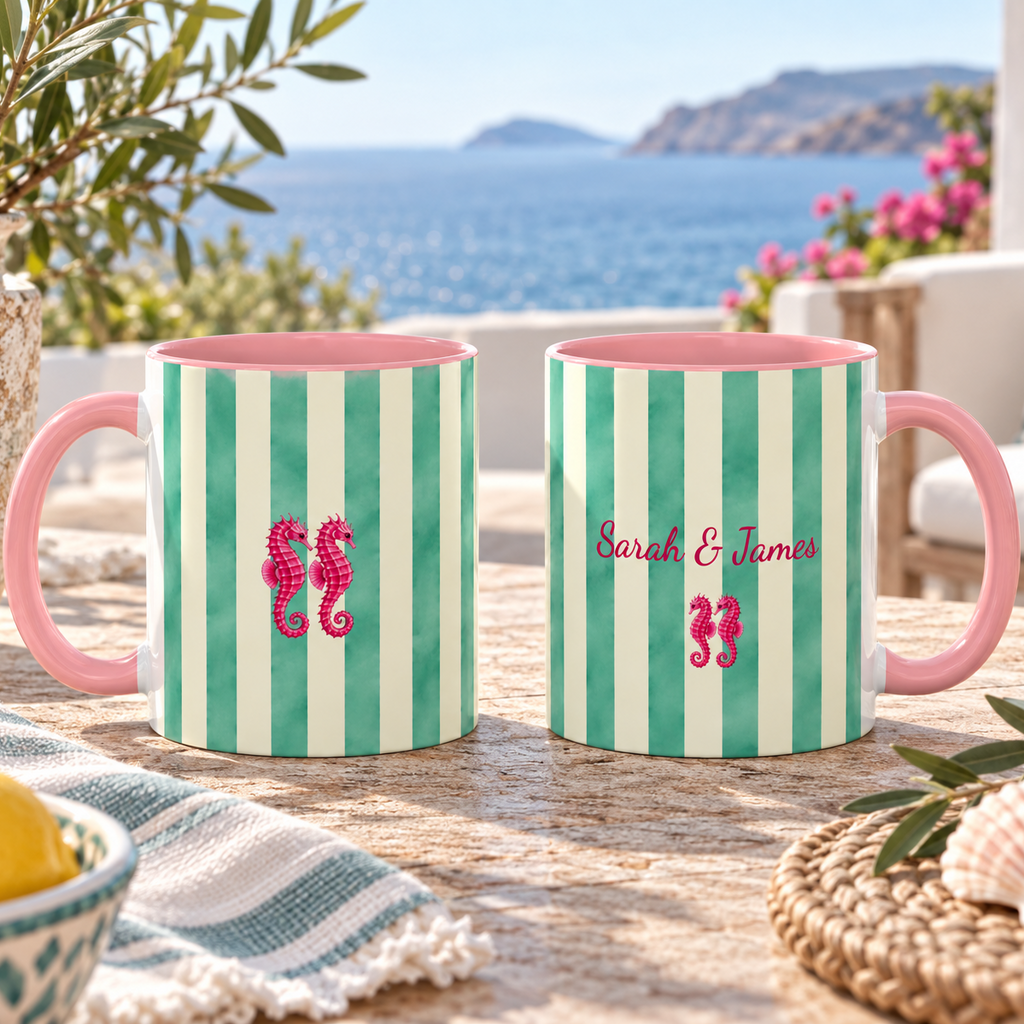 Personalized Striped Coffee Mug, Custom Name Seahorse Cup