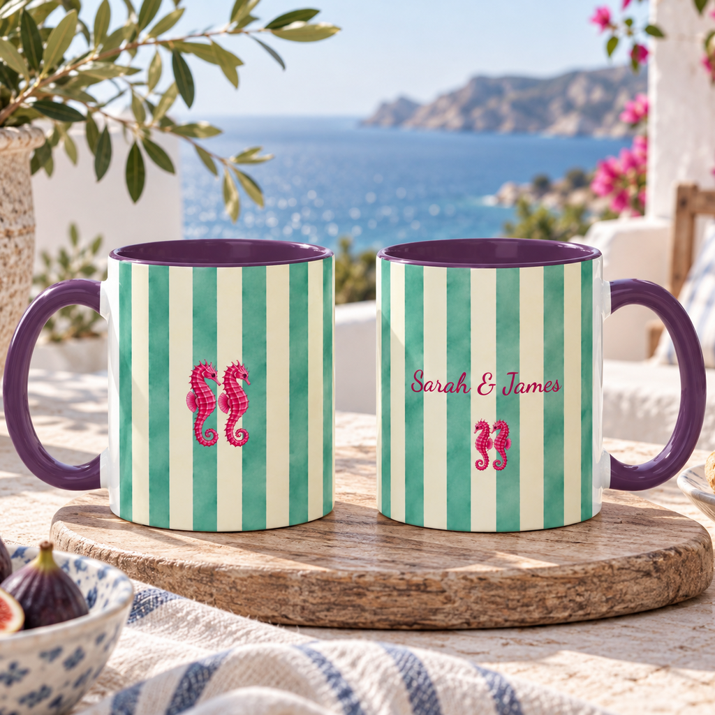 Personalized Striped Coffee Mug, Custom Name Seahorse Cup