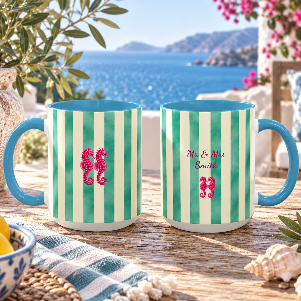 Personalized Striped Coffee Mug, Custom Name Seahorse Cup