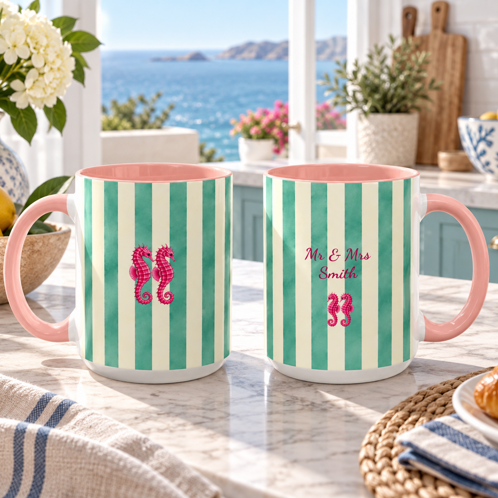 Personalized Striped Coffee Mug, Custom Name Seahorse Cup