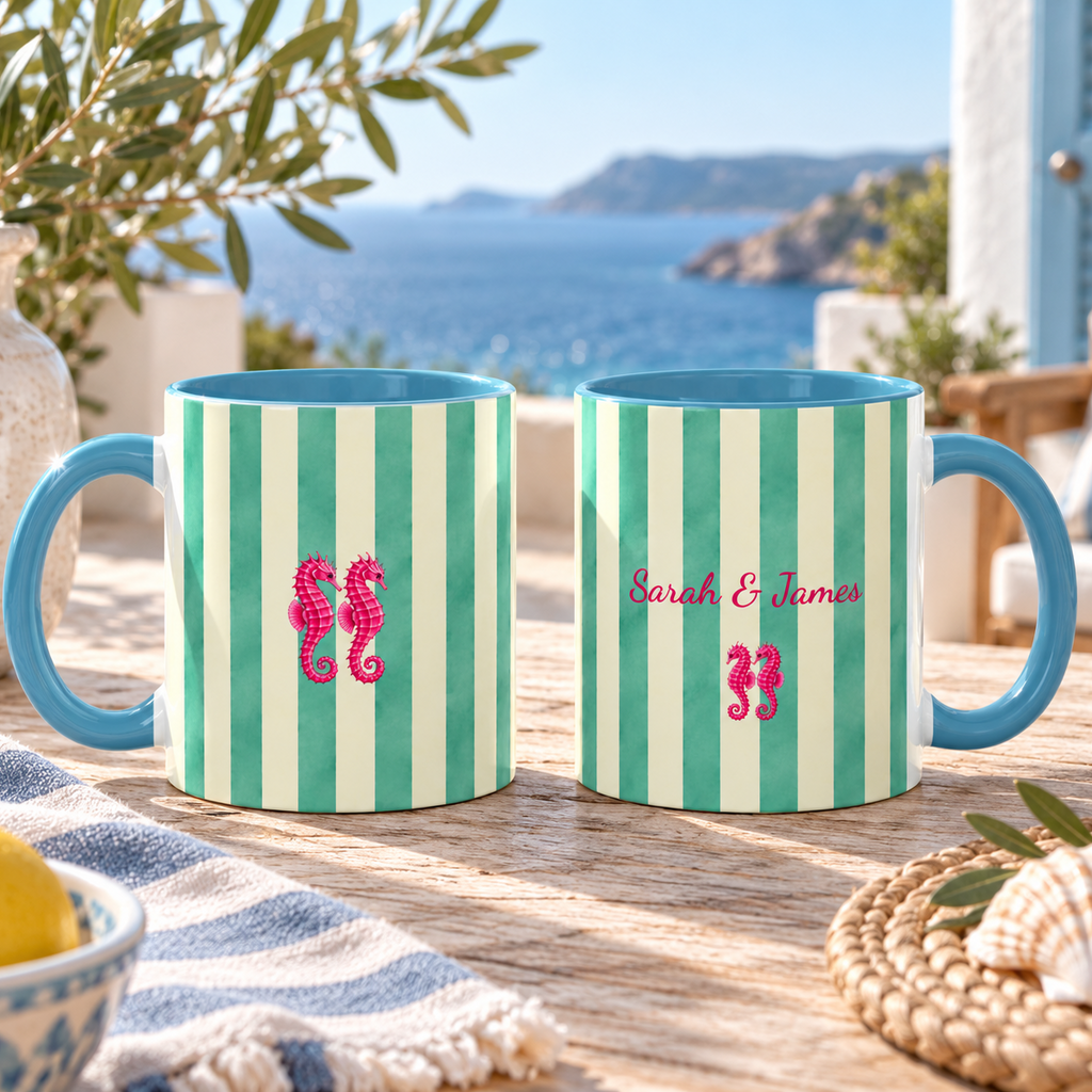 Personalized Striped Coffee Mug, Custom Name Seahorse Cup