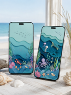 Two smartphones displayed upright on a wooden surface with seashells and a beach scene in the background. The phone screens show a colorful underwater scene with layered ocean waves, jellyfish, an octopus, starfish, coral, and small fish in shades of blue, teal, green, pink, purple, and orange.