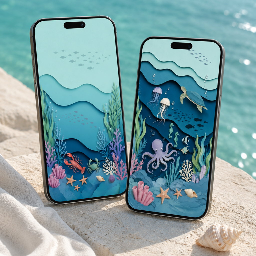 Two smartphones standing upright on a sandy beach with the ocean in the background, each displaying a colorful underwater scene with layered paper-cut style sea plants, fish, octopus, jellyfish, and starfish.