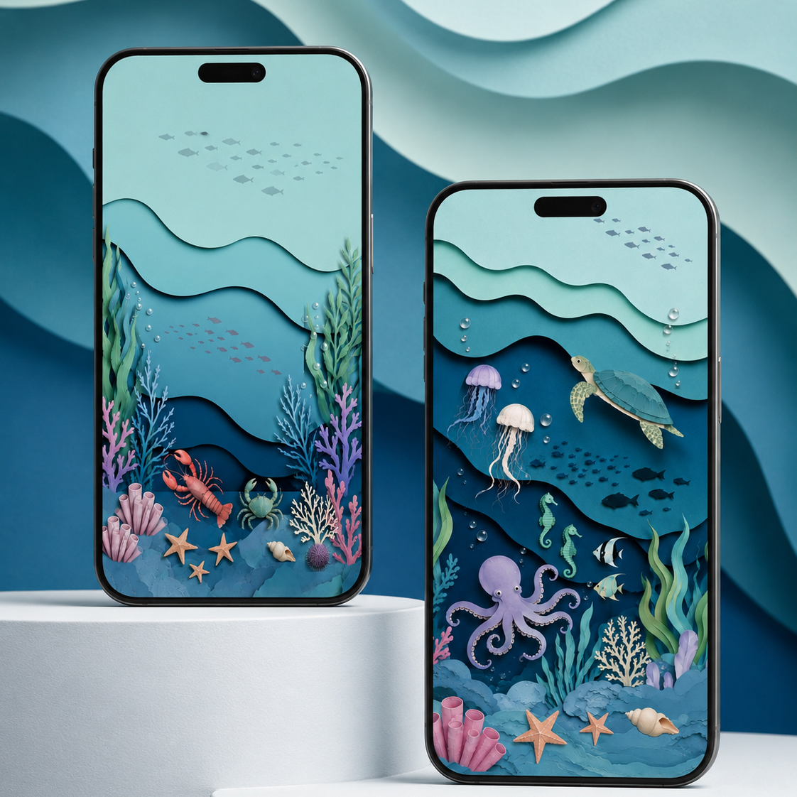 Two smartphones displayed upright on white cylindrical pedestals, featuring colorful underwater scene designs on their back covers. The left phone shows a coral reef and sea life scene, while the right phone shows a more detailed ocean floor with jellyfish, octopus, starfish, and sea turtles.