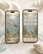 Two smartphones displayed side by side on a soft beige fabric surface, showing a coordinated underwater-themed mobile interface with layered beige and blue oceanic artwork, coral, sea turtles, jellyfish, and seashells. Decorative stones and a seashell surround the phones.