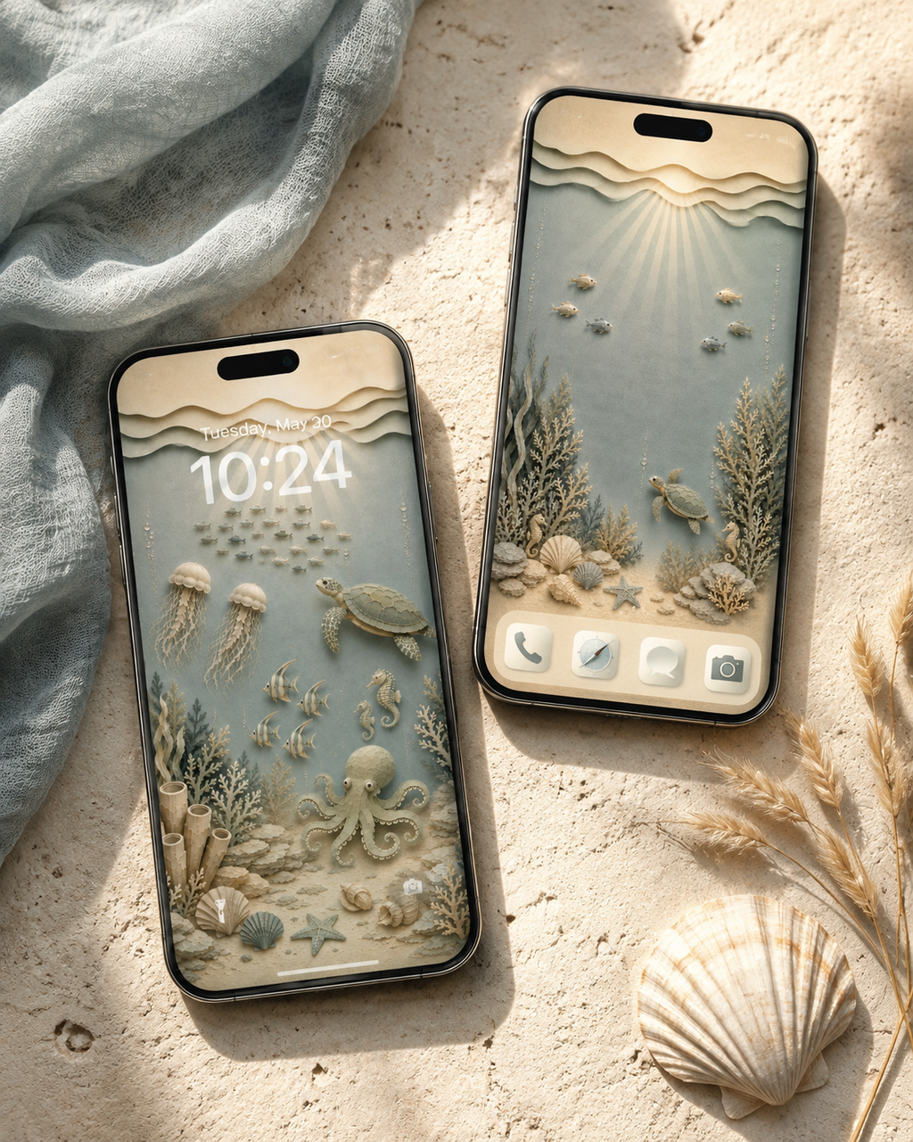 Two smartphones displayed on a sandy surface with a draped light blue fabric, dried wheat, and a seashell. The phone screens show a 3D ocean-themed wallpaper with sea turtles, octopuses, jellyfish, and coral in beige and blue-gray tones.