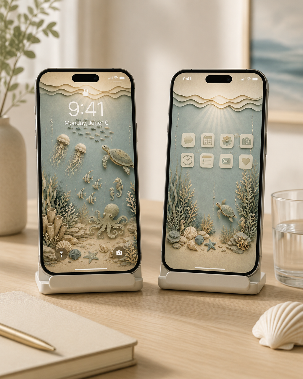 Dreamy Ocean Phone Wallpaper Set, Coastal Lock & Home Screen