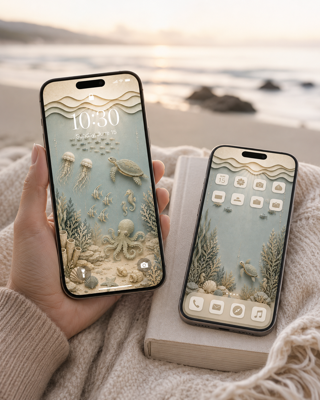 Dreamy Ocean Phone Wallpaper Set, Coastal Lock & Home Screen