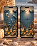 Coastal Halloween Phone Wallpaper Set, Spooky Pumpkin Lock & Home Screen Backgrounds