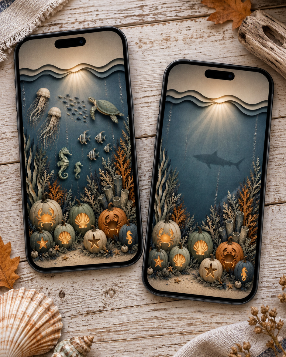 Coastal Halloween Phone Wallpaper Set, Spooky Pumpkin Lock & Home Screen Backgrounds