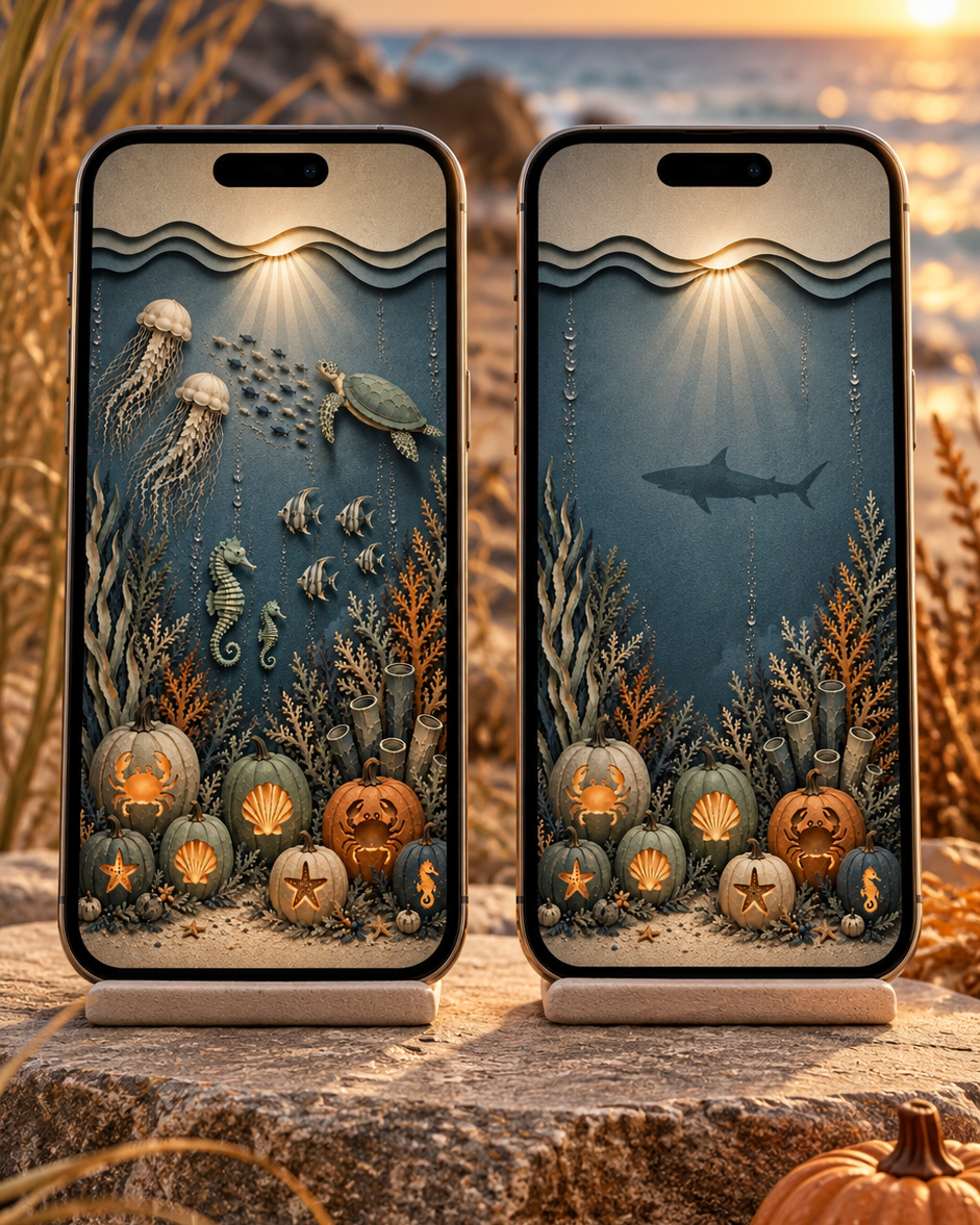 Coastal Halloween Phone Wallpaper Set, Spooky Pumpkin Lock & Home Screen Backgrounds