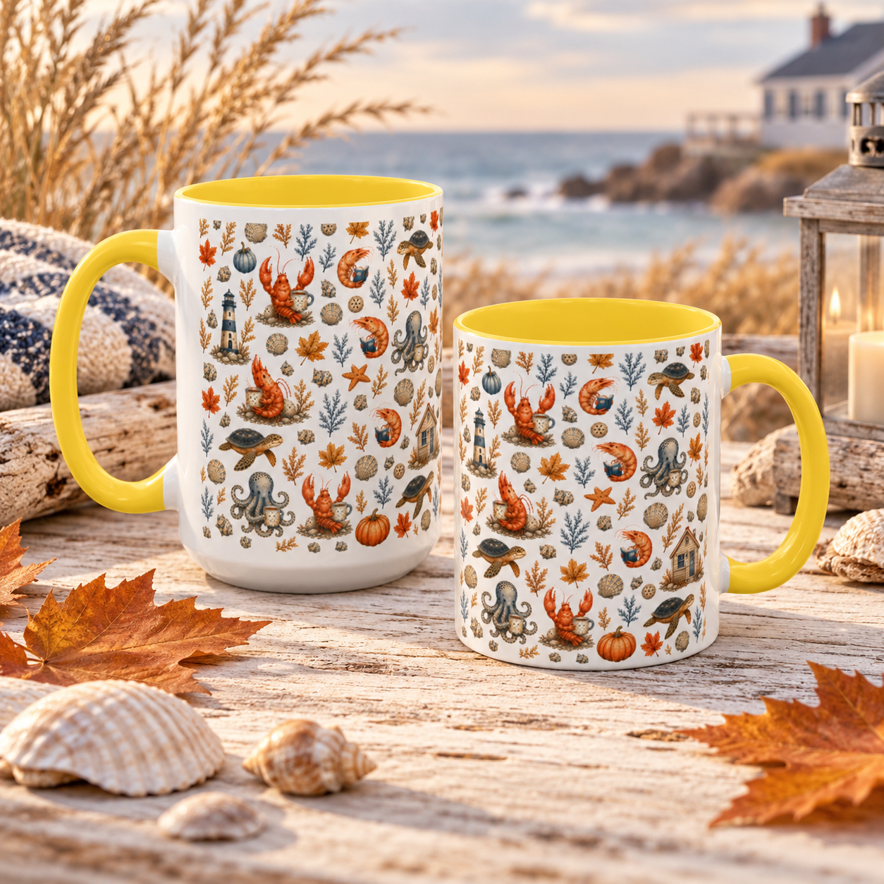 Autumn Coastal Pattern Coffee Mug, Fall Sea Creatures & Leaves (11/15oz)