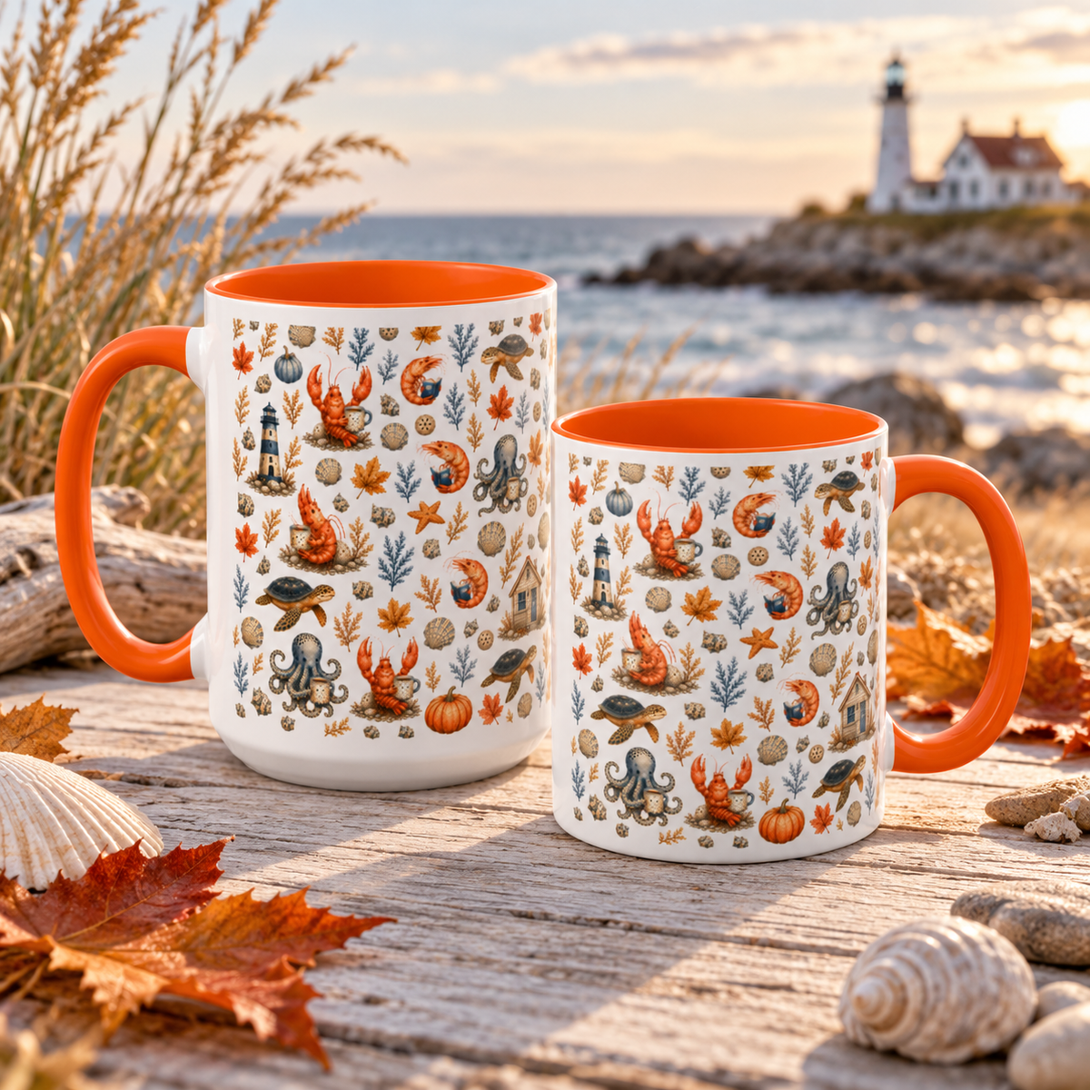 Autumn Coastal Pattern Coffee Mug, Fall Sea Creatures & Leaves (11/15oz)