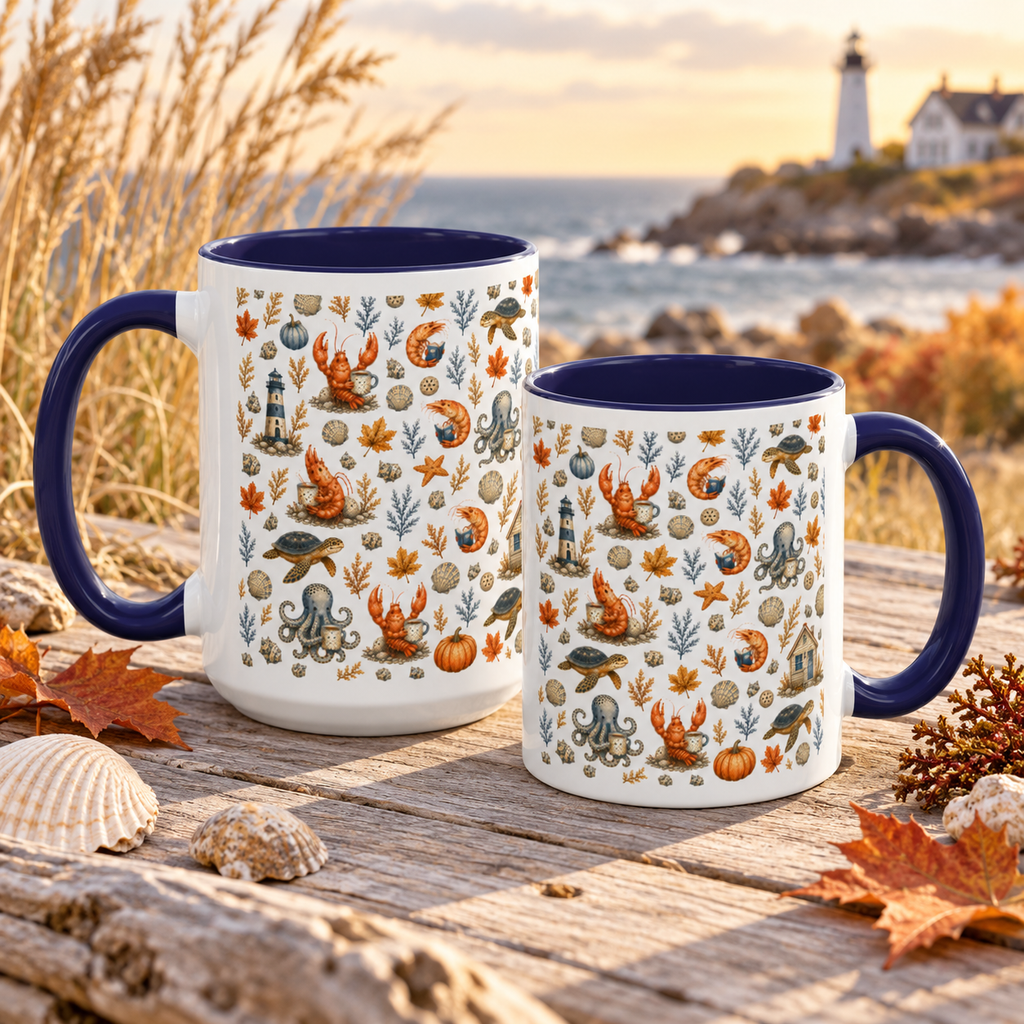 Autumn Coastal Pattern Coffee Mug, Fall Sea Creatures & Leaves (11/15oz)