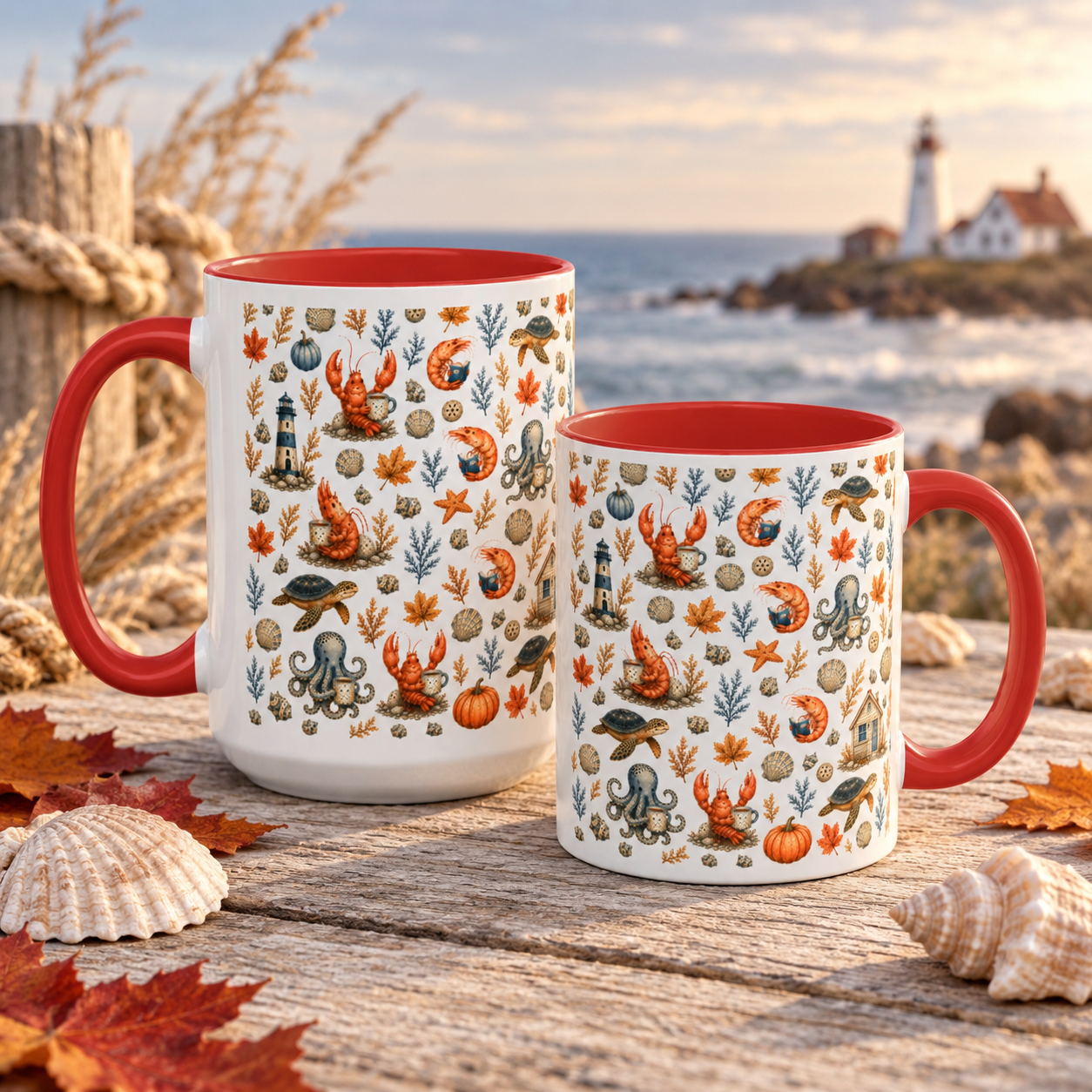 Autumn Coastal Pattern Coffee Mug, Fall Sea Creatures & Leaves (11/15oz)