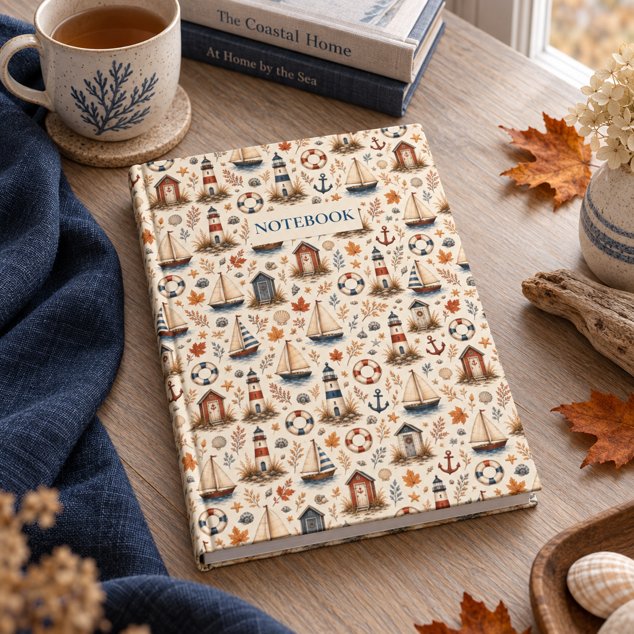 Autumn Coastal Hardcover Journal, Lined Nautical Notebook with Lighthouses and Sailboats