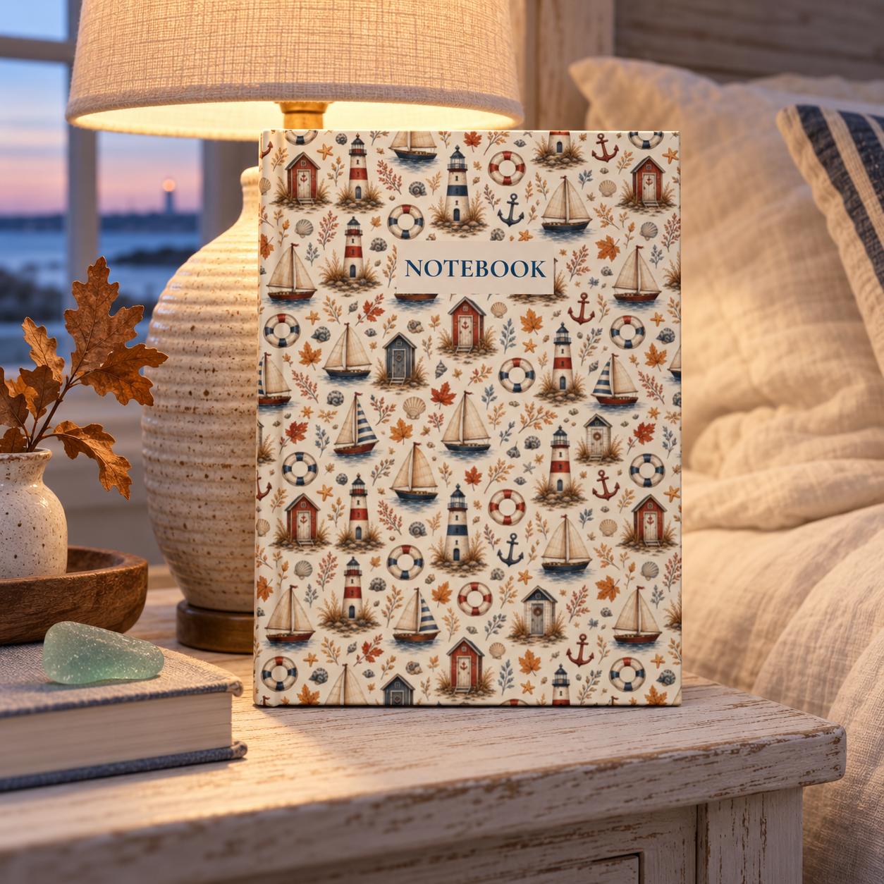 Autumn Coastal Hardcover Journal, Lined Nautical Notebook with Lighthouses and Sailboats