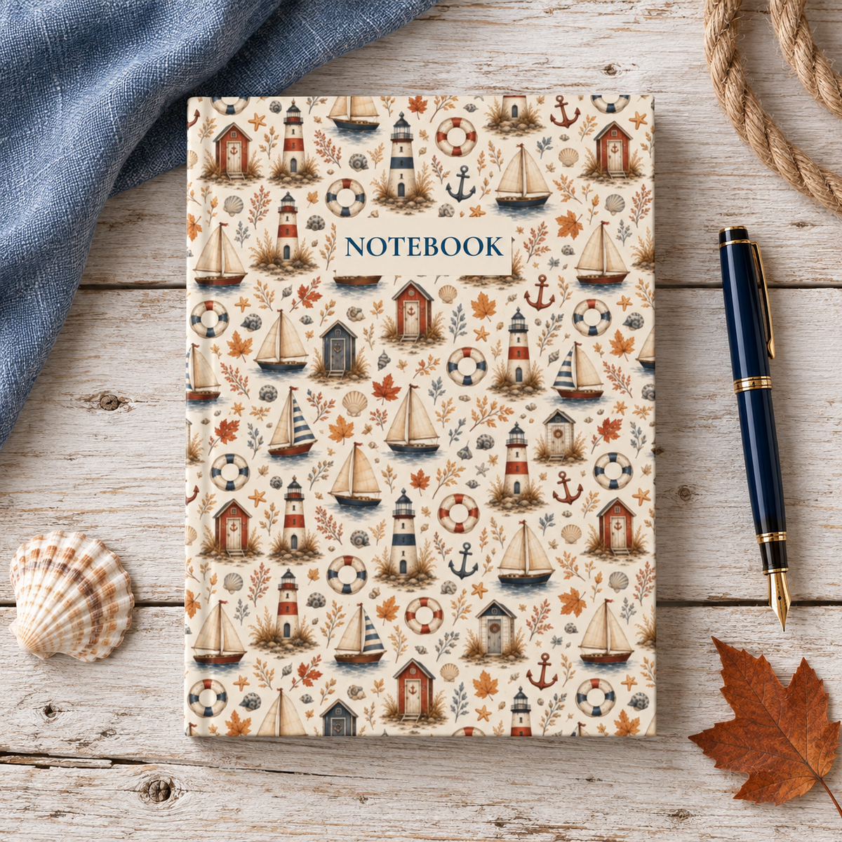Autumn Coastal Hardcover Journal, Lined Nautical Notebook with Lighthouses and Sailboats