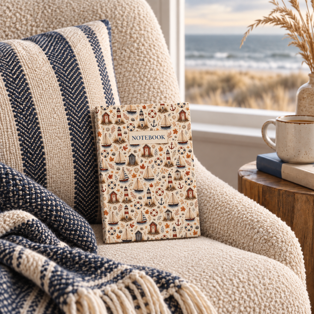 Autumn Coastal Hardcover Journal, Lined Nautical Notebook with Lighthouses and Sailboats