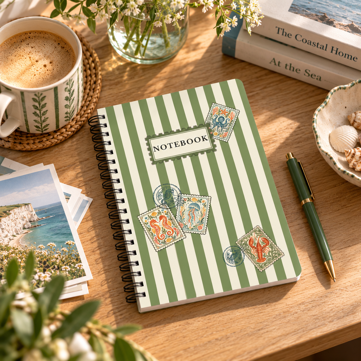 A green and white striped spiral notebook with postage stamp designs and a 'NOTEBOOK' label, styled on a wooden table with a coffee cup, pen, books, and seashell bowl.