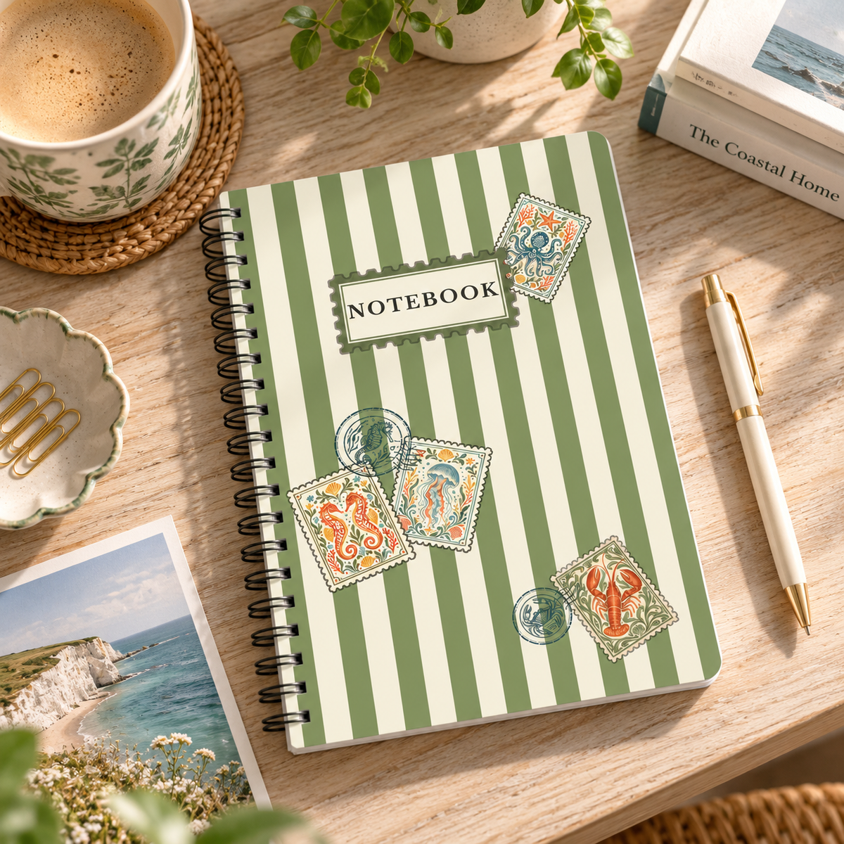 Vintage Coastal Notebook – Green Stripe Sea Life Journal with Nautical Postage Stamp Illustrations