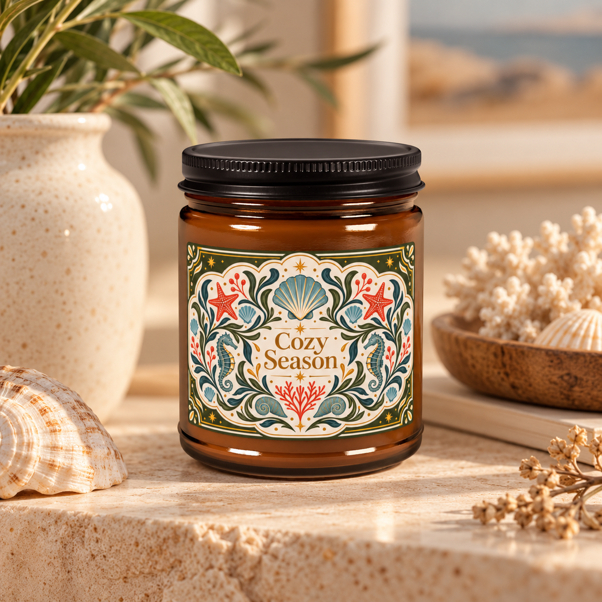 Cozy Season Coastal Soy Candle,  Amber Jar Nautical Candle