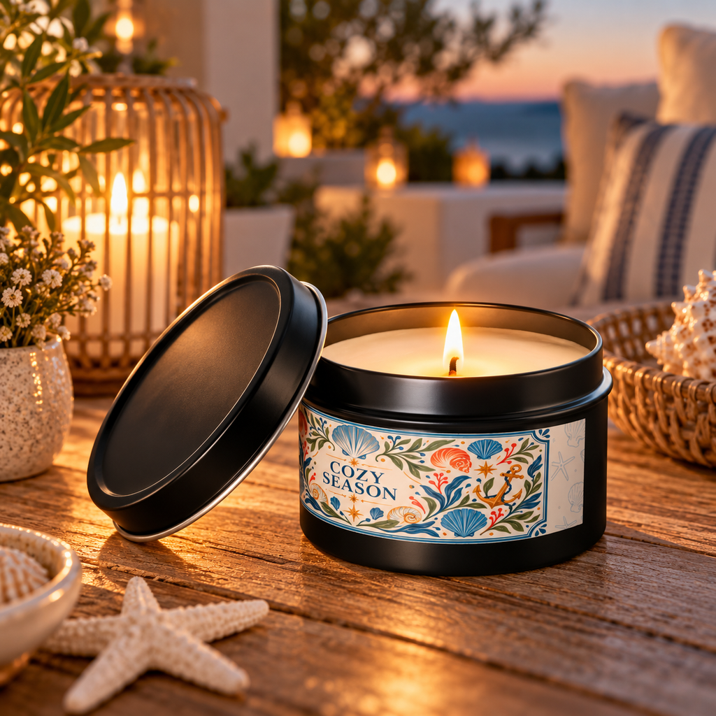 Cozy Season Coastal Candle Tin, Autumn Ocean-Inspired Candle