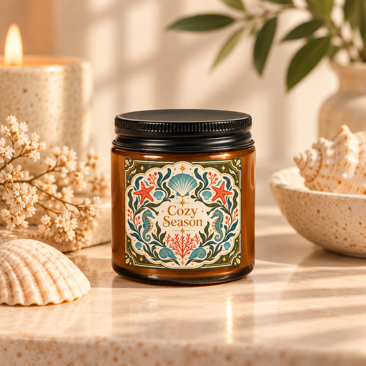 Cozy Season Coastal Soy Candle,  Amber Jar Nautical Candle