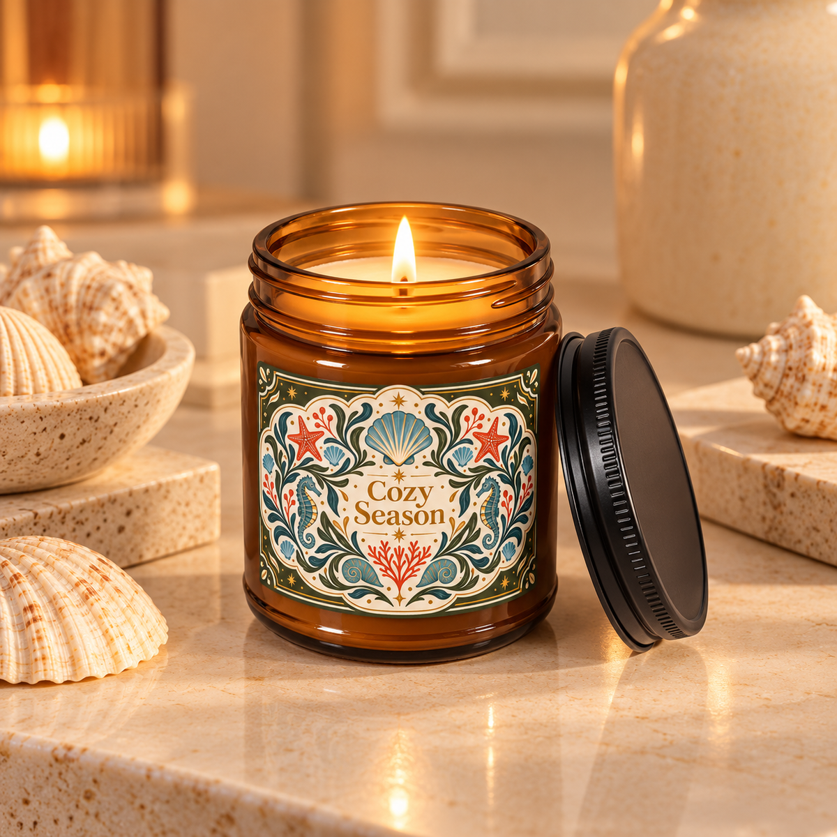Cozy Season Coastal Soy Candle,  Amber Jar Nautical Candle