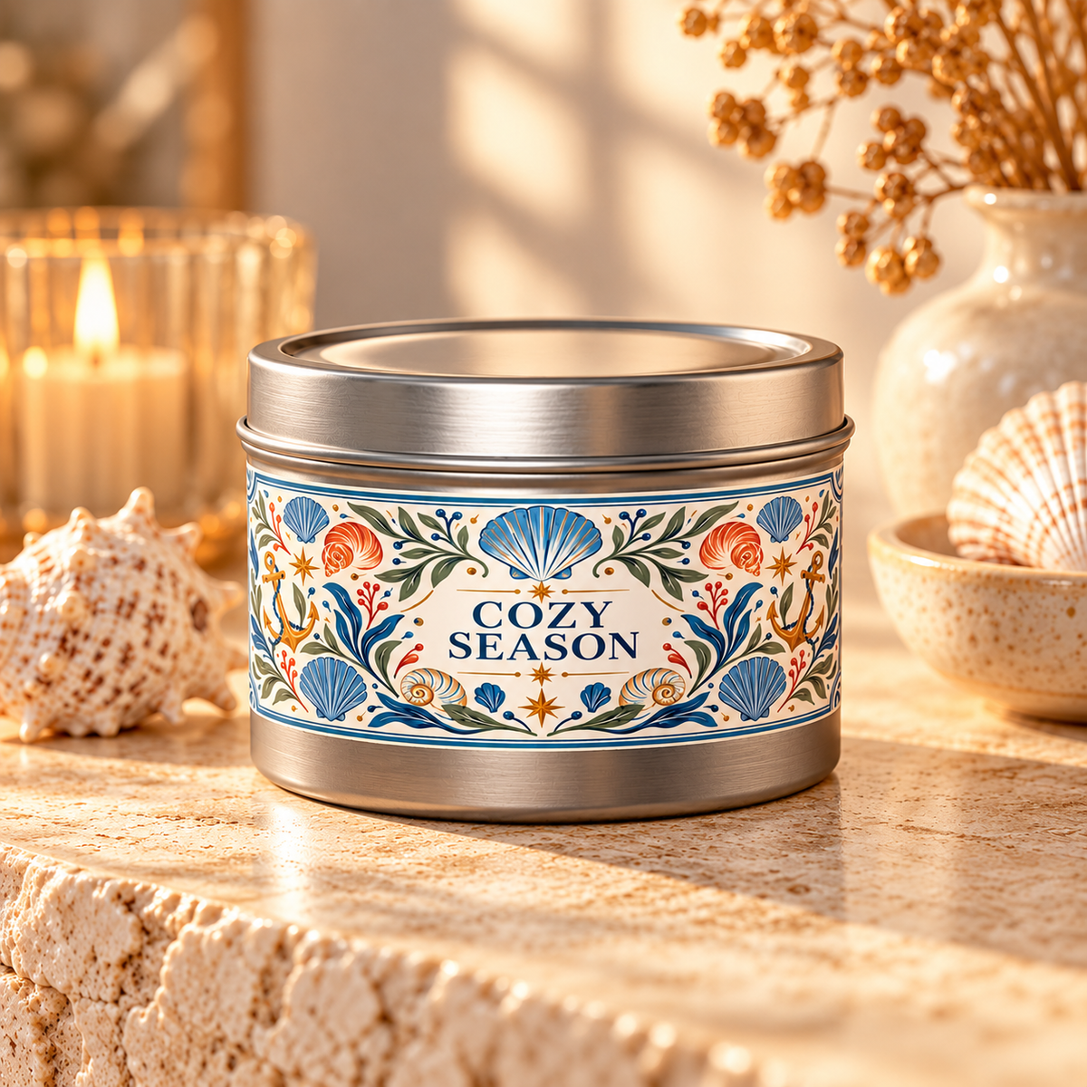 Cozy Season Coastal Candle Tin, Autumn Ocean-Inspired Candle