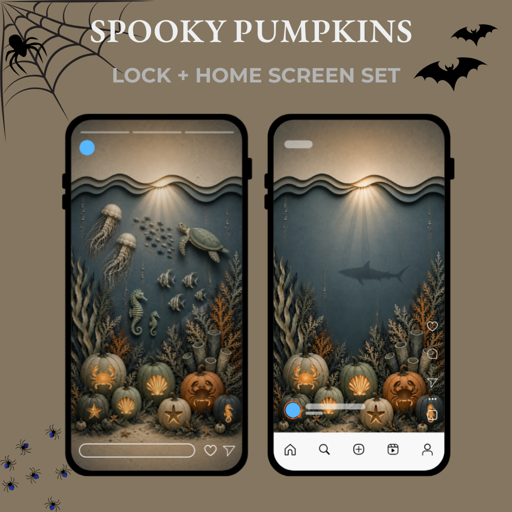 Coastal Halloween Phone Wallpaper Set, Spooky Pumpkin Lock & Home Screen Backgrounds