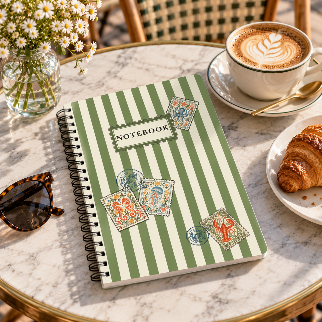 A spiral-bound notebook with green and white vertical stripes and postage stamp illustrations lies on a marble table in a cafe setting, surrounded by a cup of latte, sunglasses, flowers, and a croissant.