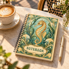 A spiral-bound notebook with an ornate teal and gold seahorse illustration sits on a sunlit marble table beside a cup of latte, a pen, and small white flowers.