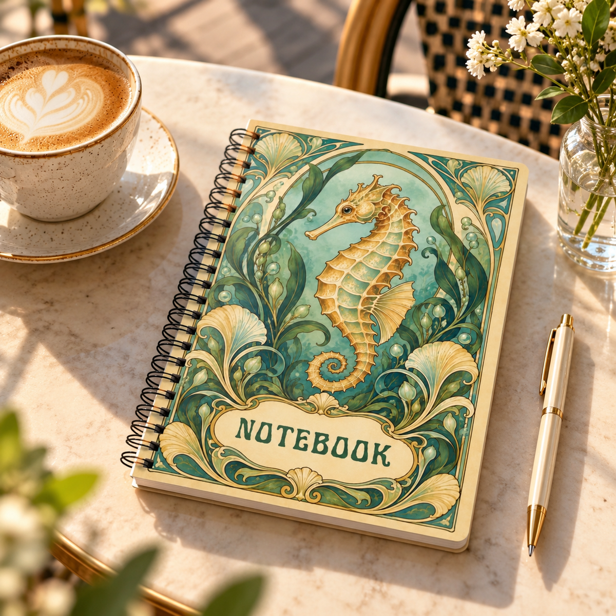 A spiral-bound notebook with an ornate teal and gold seahorse illustration sits on a sunlit marble table beside a cup of latte, a pen, and small white flowers.