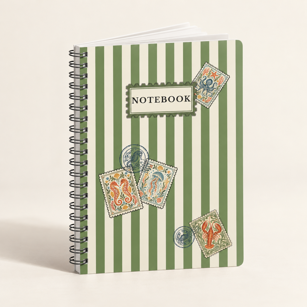 A spiral-bound notebook with a green and cream vertical stripe cover, decorated with vintage postage stamp illustrations and a central label reading 'NOTEBOOK'.