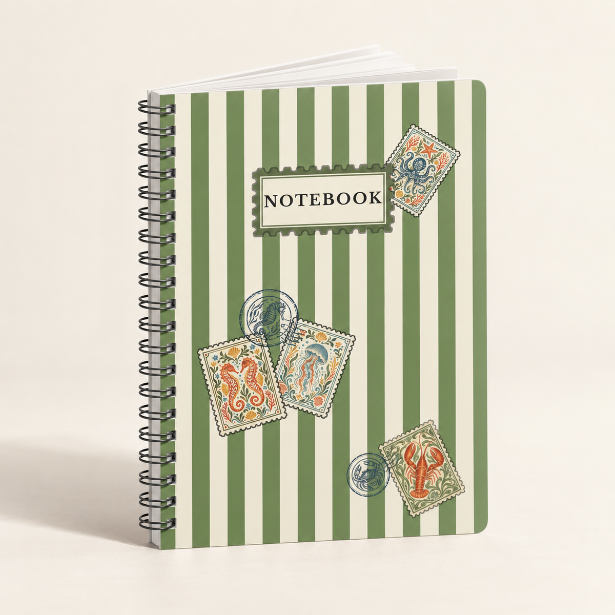 Vintage Coastal Notebook – Green Stripe Sea Life Journal with Nautical ...