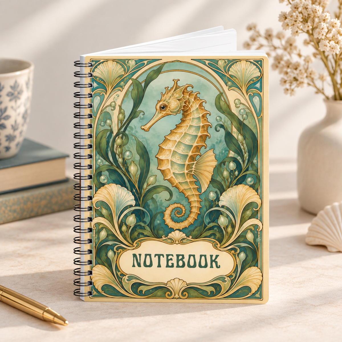 Art Nouveau Seahorse Notebook – Vintage Coastal Journal, Ocean-Inspire ...