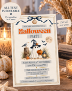A Halloween party invitation card template displayed on a wooden table with candles, pumpkins, and books in the background. The card features a cream border with illustrations of a ghost, owl, pumpkin, lantern, seashell, and seashore, along with editable text areas and promotional badges for Canva.