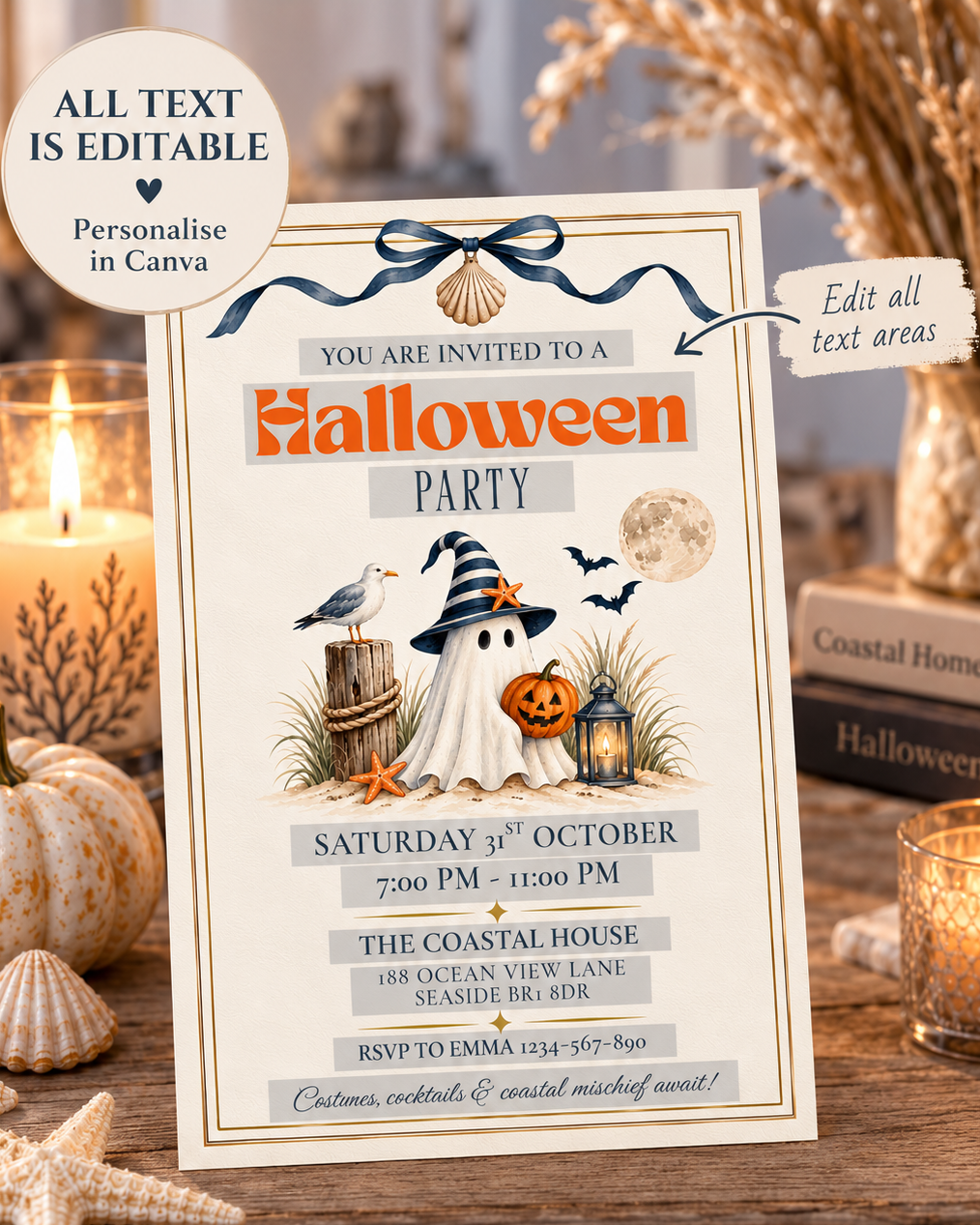 A Halloween party invitation card template displayed on a wooden table with candles, pumpkins, and books in the background. The card features a cream border with illustrations of a ghost, owl, pumpkin, lantern, seashell, and seashore, along with editable text areas and promotional badges for Canva.