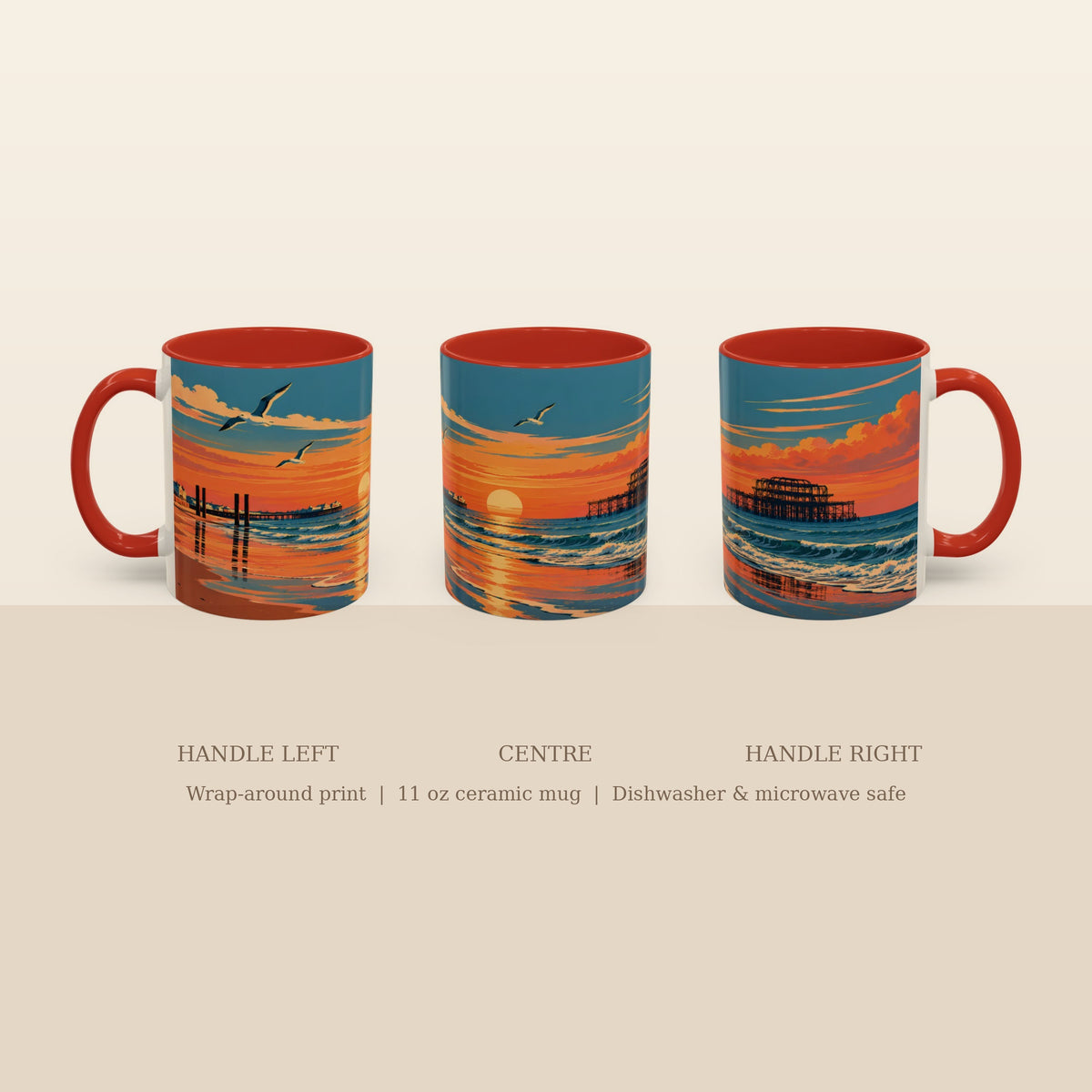 Three views of a 11 oz ceramic mug with a wrap-around sunset print, showing the handle on the left, center, and right. The mug features a red handle and interior, with a colorful print of a seaside pier and sunset.